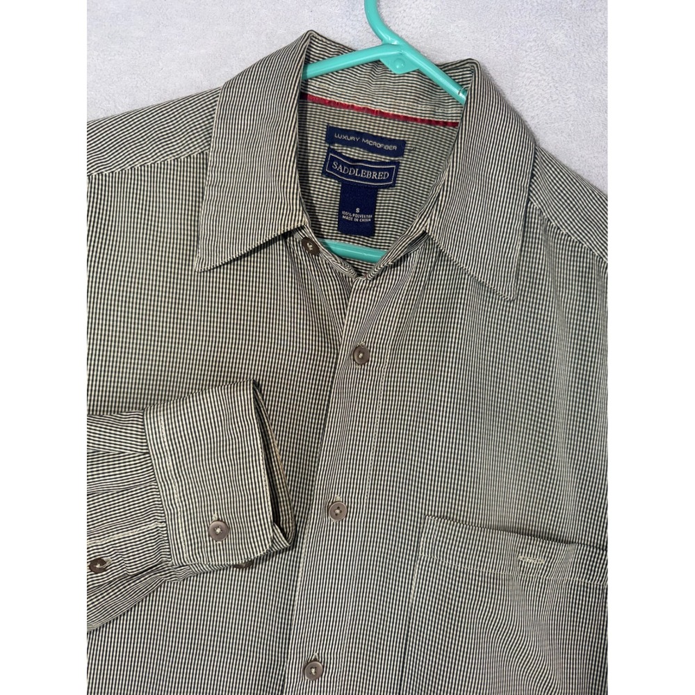 Saddlebred Mens Small Olive Green Micro-Check Microfiber Button Down Shirt